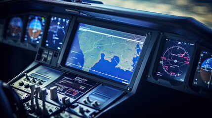 GPS navigation in a commercial airliner cockpit ensures smooth air travel by providing accurate positioning and real-time route updates. Generated by AI.