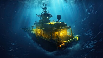 GPS navigation in a deep-sea exploration vessel uncovers the mysteries of the deep ocean. sextant, internet, journey, hike, transportation, destination, system. Generated by AI.