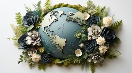Earth day concept - world environment day on white background. Globe surrounded by a bouquet of flowers.