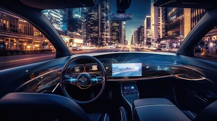 GPS navigation in a futuristic autonomous flying car ushers in a new era of urban mobility sextant, internet, journey, hike, transportation, destination, system. Generated by AI.
