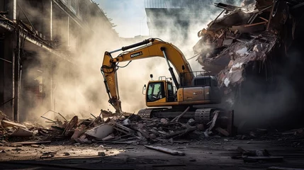 Poster Heavy machinery reverberates as it carefully demolishes an old building, making room for progress, innovation, and the shaping of a modern landscape. Generated by AI. © Кирилл Макаров