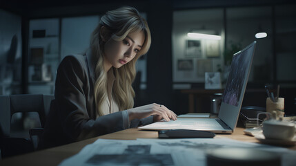 anime businesswoman using laptop at desk - obrazy, fototapety, plakaty