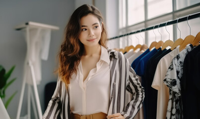 Naklejka na ściany i meble Beautiful Asian woman fashion designer working in office studio, Start up, Entrepreneur SME business concept.