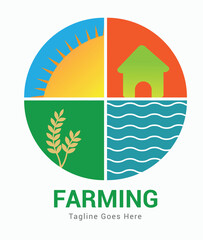farming agriculture eco nature logo vector with sun leaf home waves farmhouse logo vector illustration, eco house logo