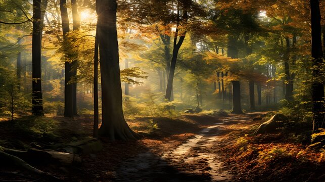 Panoramic image of a path in an autumn forest at sunset