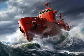  A cargo or fishing ship is caught in a severe storm. Ship at sea on big waves. The threat of shipwreck. Element in the ocean. The hard work of a sailor. © Anoo