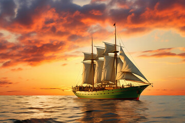Fototapeta premium Sailing ship under sail at sunset on the high seas.