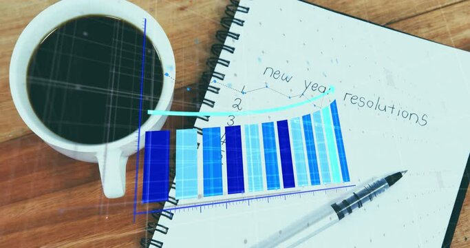 Animation of graphs over overhead view of coffee cup, pen and new year resolutions texts in diary