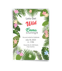 Safari birthday invitation card with tropical leaves and flowers , jungle theme nature green leaf colorful background birthday vector illustration