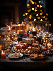 Obraz premium Christmas table setting with candles and gifts. Selective focus. Holiday.