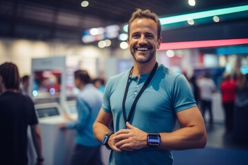 Portrait of happy man standing with arms crossed at trade show or expo