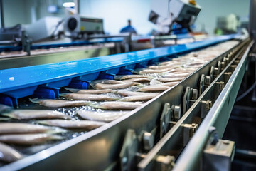 Fish processing plant. Production Line. Raw sea fish on a factory conveyor. Production of canned fish. modern food industry.