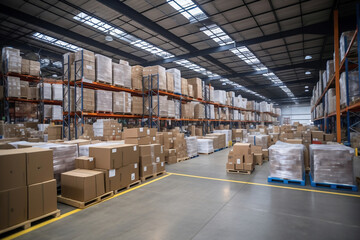 A huge warehouse filled with neatly stacked boxes. Interior of a modern warehouse. Large space for storing and moving goods. logistics. Trade in the modern world.