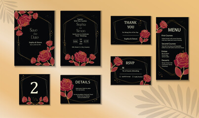 wedding invitation set with golden outline roses vector illustration, set of cards with save the date, main invitation, table no, thank you card, detail and menu card on black background