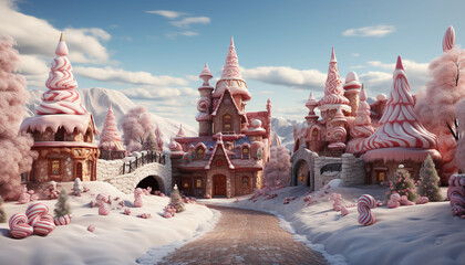 Magical fairy tale castle in snowy winter landscape