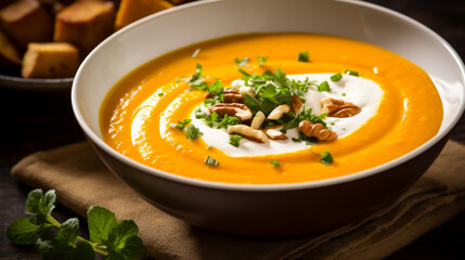 Delicious creamy Pumpkin Soup ready to eat. Food for the fall season.