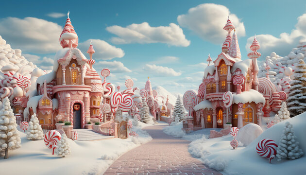 Fantasy winter landscape with fairy-tale town. 