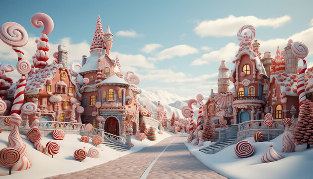 Magical fairy tale castle in snowy winter landscape