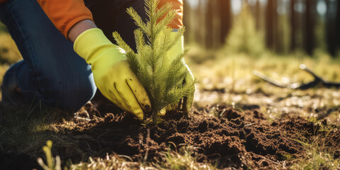 forest conifer plant growth forest ecosystem forestry industry management reforestation environmental rehabilitation concept nature regeneration, hands planting pine tree
