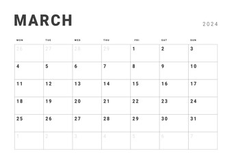 Monthly page Calendar Planner Templates of March 2024. Vector layout of simple calendar with week start Monday for print. Page for size A4 or 21x29.7 cm