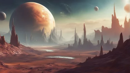 Afwasbaar Fotobehang Donkerbruin surreal alien planet landscape 