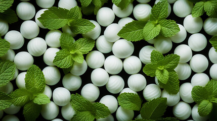 Pile of white mints candy with a green mint leaves. Generative AI