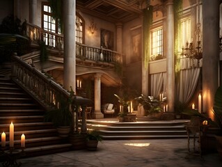 Luxury interior of an old mansion in the evening light.