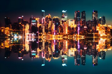 Night city panorama with reflection in water. Panoramic image.