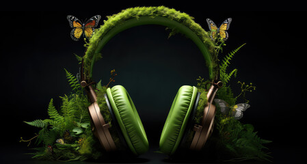 headphones earphones headset made of forest green moss concept of podcast audio sound about nature...