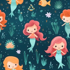 Fototapeta na wymiar Cute mermaids cartoon seamless pattern background.