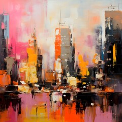 Digital painting of New York City skyline at sunset with watercolors