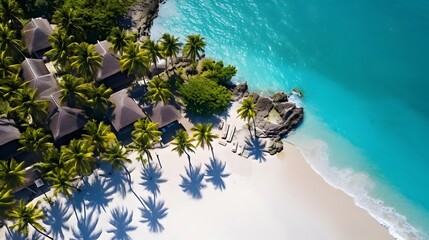 Fototapeta na wymiar Panoramic aerial view of beautiful tropical beach with palm trees and blue sea