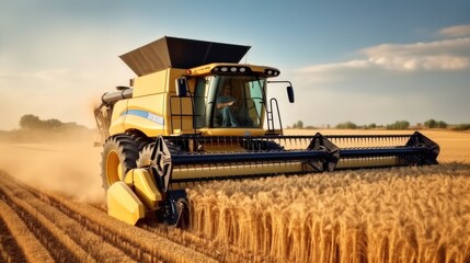 Harvesting machine in golden wheat field, Agriculture concept.