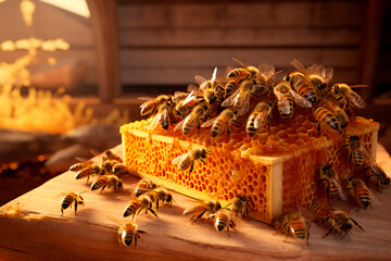 A beautiful photo of bees on a honeycomb. Bees and home honey. Drops of honey.