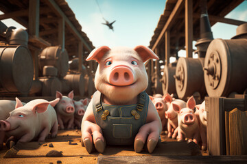 Cartoon pigs on a pig farm. The game of raising domestic animals - obrazy, fototapety, plakaty