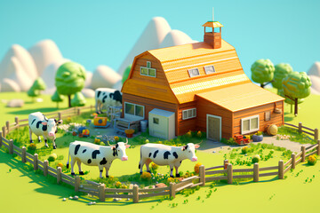 Obraz na płótnie Canvas Cartoon cows on a cow farm. The game of raising domestic animals