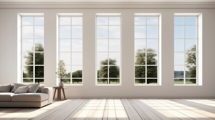 Modern living room interior, The Rooms have white floors and gray wall,There are large window, Overlooks to nature view.