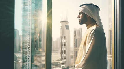 Arabic business man looking out through the office balcony seen through glass window. generative ai.