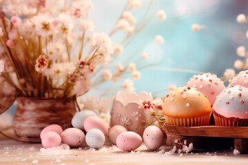 Easter eggs in a nest on a wooden table. Easter background, wallpaper. Christian holiday