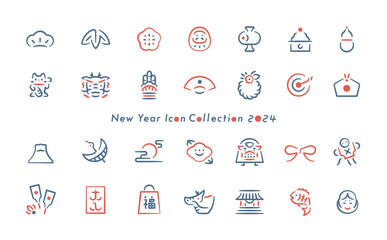 2024年辰や縁起物のシンプルおしゃれなお正月のシンボル・年賀素材用の細い線のベクターデザインアイコンセット_和風筆・手描き