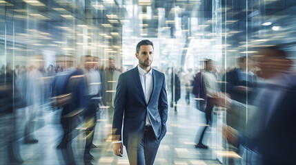 Business people walking in motion blur, blurred businessman working in modern office. generative ai.