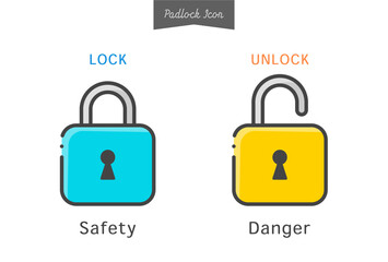 Set of padlock icon with locked/unlocked and　safe/dangerous text - material for key symbol description