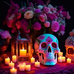 Day of the Dead soft pastel painted skull head candle flower altar background generative ai  Cinematic day lighting art