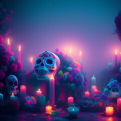Day of the Dead soft pastel painted skull head candle flower altar background generative ai  Cinematic day lighting art - obrazy, fototapety, plakaty