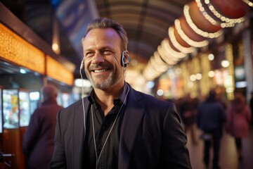 Portrait of a smiling man listening to music with headphones in a shopping center