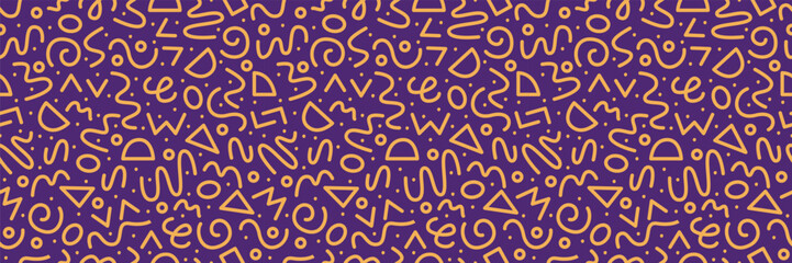 90s Seamless Pattern Squiggle Random Pattern. Abstract Purple Colorful Kids Funny Scribble Doodle Background.