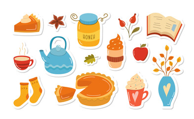 Cozy Autumn Stickers. Vector Design Elements Set. Cute Flat Sticky Fall Home Comfort Collection.