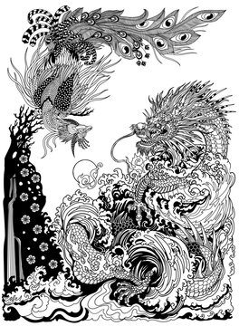 Dragon and Feng Huang or Chinese phoenix are depicted playing with or chasing a pearl. Landscape with waterfall waves and sakura blossom. Feng shui theme. Vertical orientation. Black and white vector 