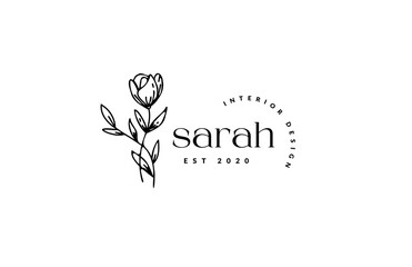 Floral logo element Botanical Hand Drawn Logo with Wild Flower and Leaves. Logo for spa and beauty salon, boutique, organic shop, wedding, floral designer, interior, photography, cosmetic