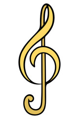 Treble clef. Golden musical sign. Color vector illustration. Play the melody. Cartoon style. Isolated background. Idea for web design.